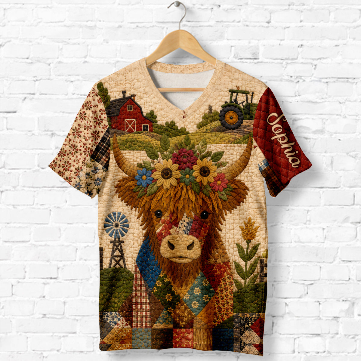 Hochlandrind, Herbststimmung - Personalisierbares Hochlandrind Vollbedrucktes V-Ausschnitt T-Shirt