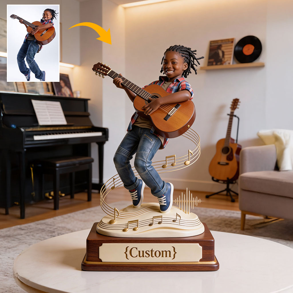 Geschenk für Gitarristen und Musikliebhaber – personalisierte Acrylplakette in Gitarrenform