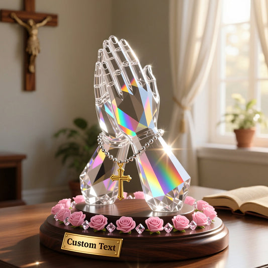 Betende Hand mit Rosen – personalisierte christliche Acrylplakette in individueller Form