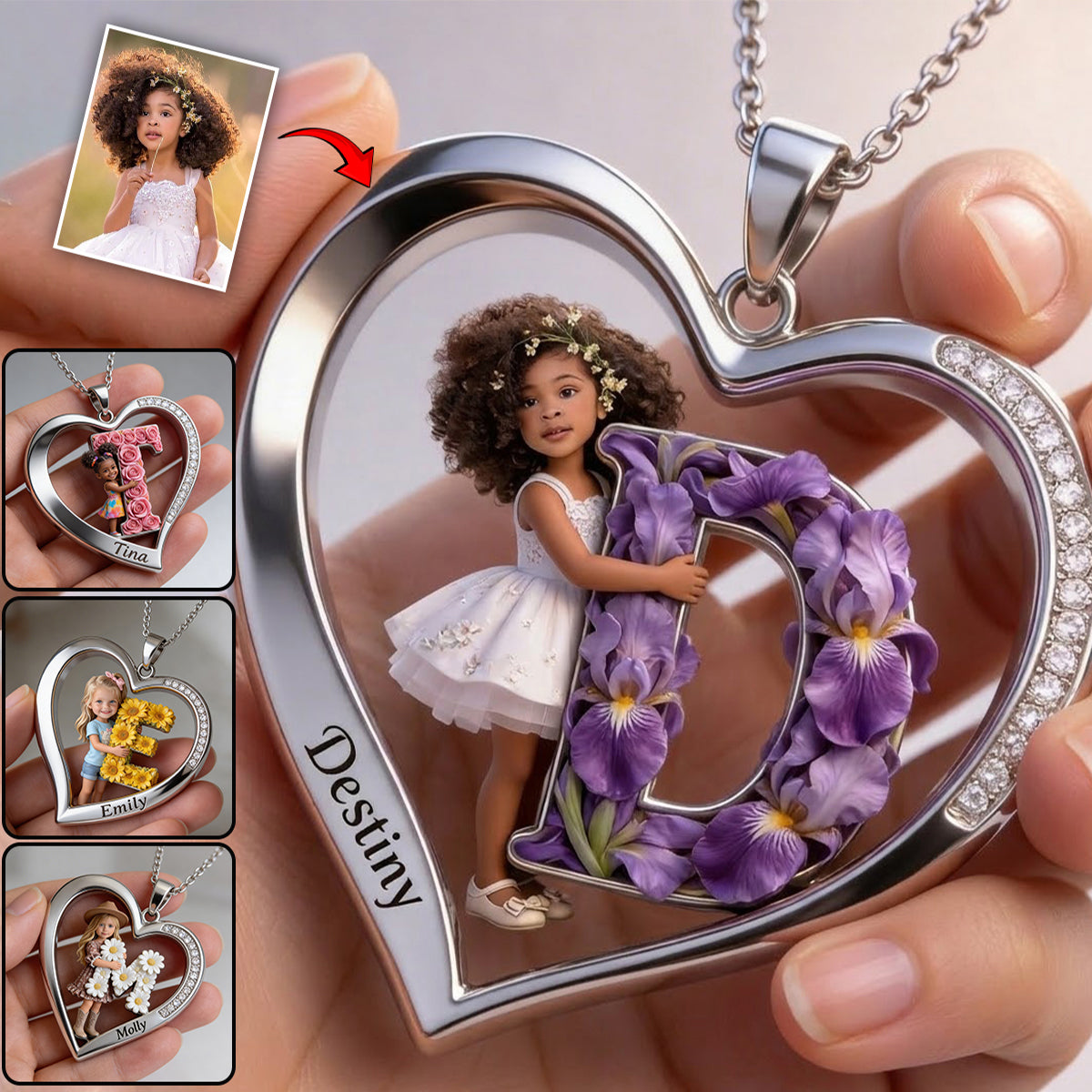 Custom Any Photo Floral Initial Name Letter - Personalized Kid Shaped Metal Pendant Necklace