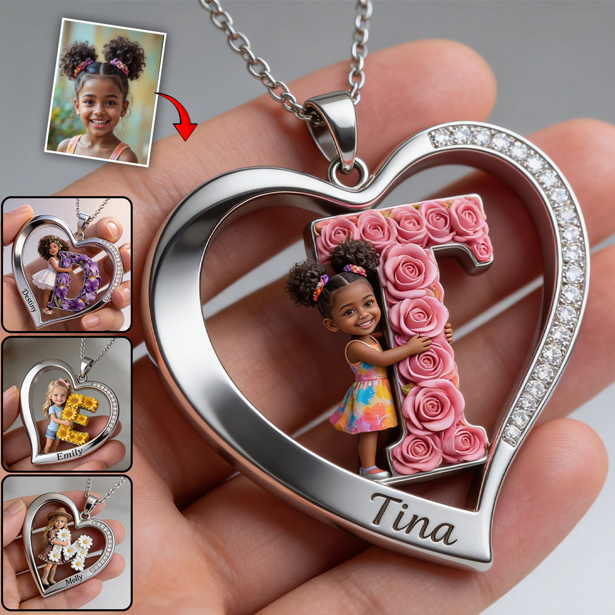 Custom Any Photo Floral Initial Name Letter - Personalized Kid Shaped Metal Pendant Necklace