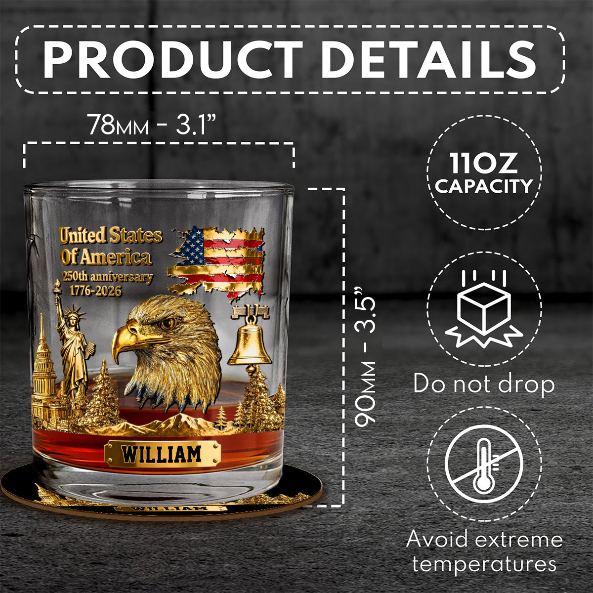 250-jähriges Jubiläum – Personalisiertes Whiskyglas mit Weißkopfseeadler-Motiv