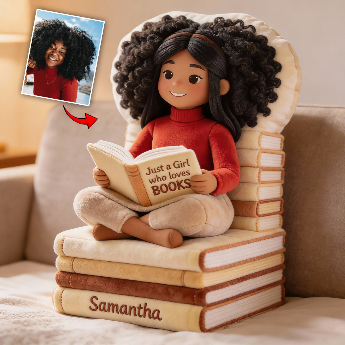 Einfach ein Mädchen, das Bücher liebt – personalisiertes Kissen in Buchform aus Kunstfell