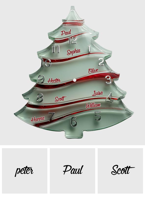 Festliche, baumförmige, personalisierte LED-Wanduhr für die ganze Familie