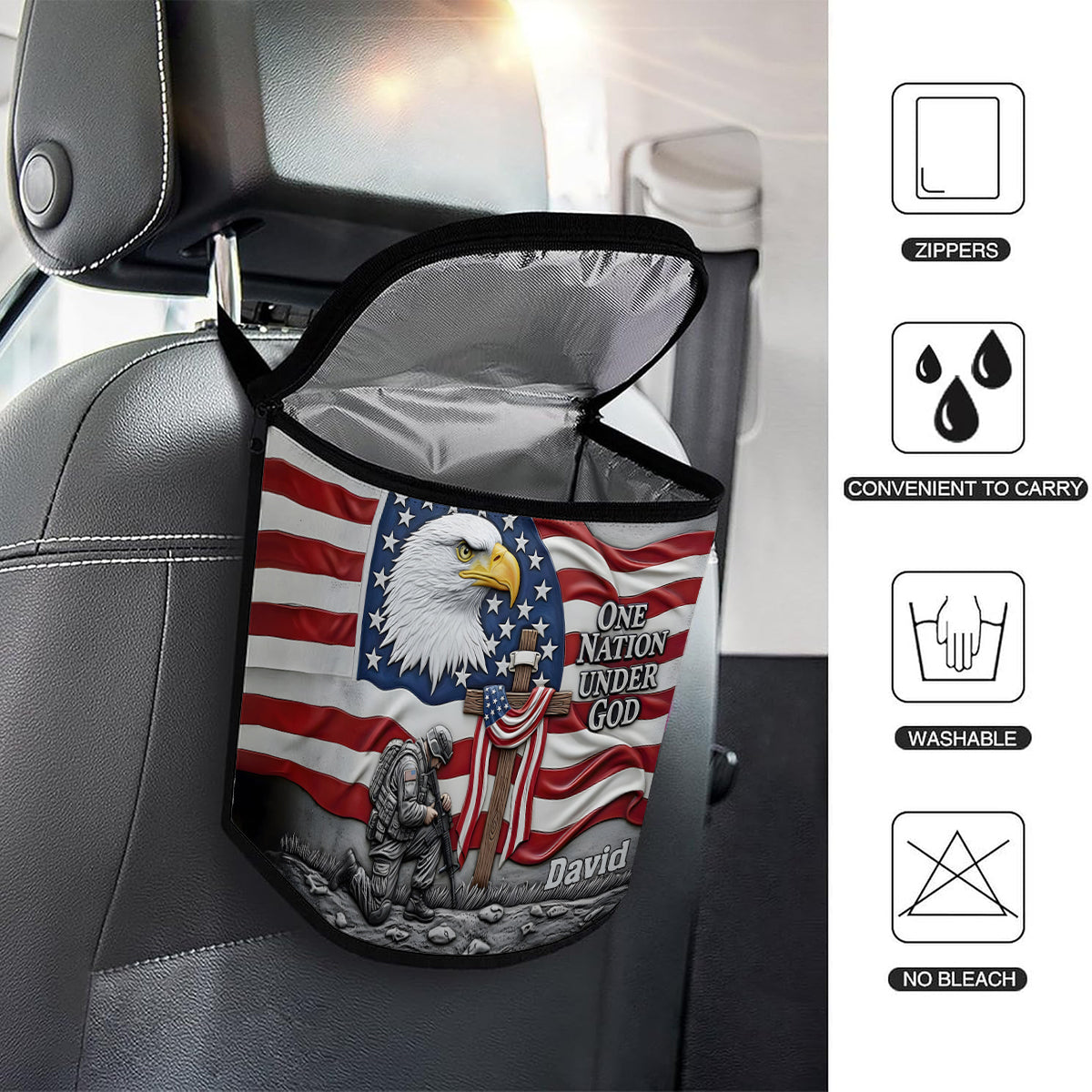 One Nation Under God - Personalized Bald Eagle Portable Car Trash Can/ Organizer