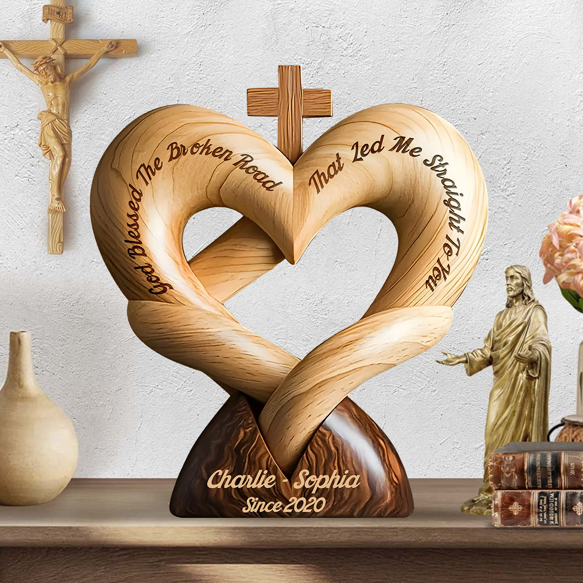 Gott segne den holprigen Weg, der mich direkt zu dir geführt hat – personalisierte Holzplakette für Paare in individueller Form