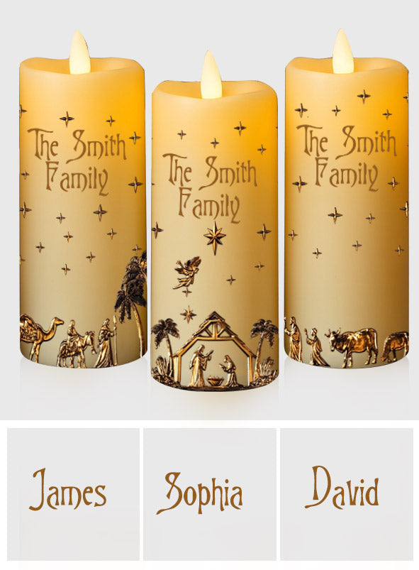 Krippenszene – Personalisierte christliche flammenlose Kerze