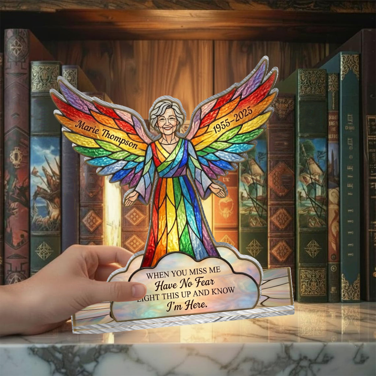 „Zünde es an und wisse, dass ich da bin“ – personalisiertes Gedenkkerzenhalter-Schild