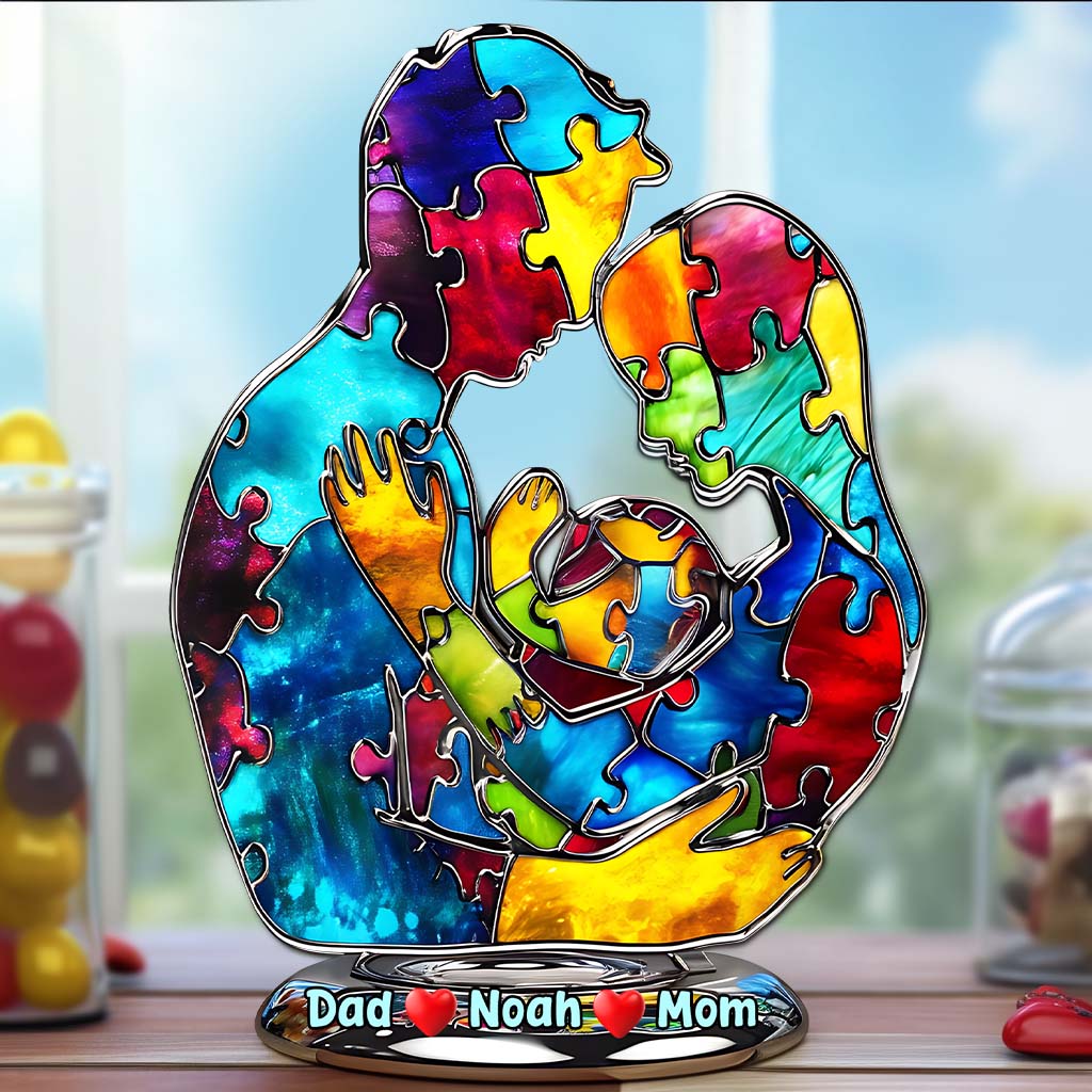 Autism Family Hugging - Personalized Autism Awareness Custom Shaped Acrylic Plaque