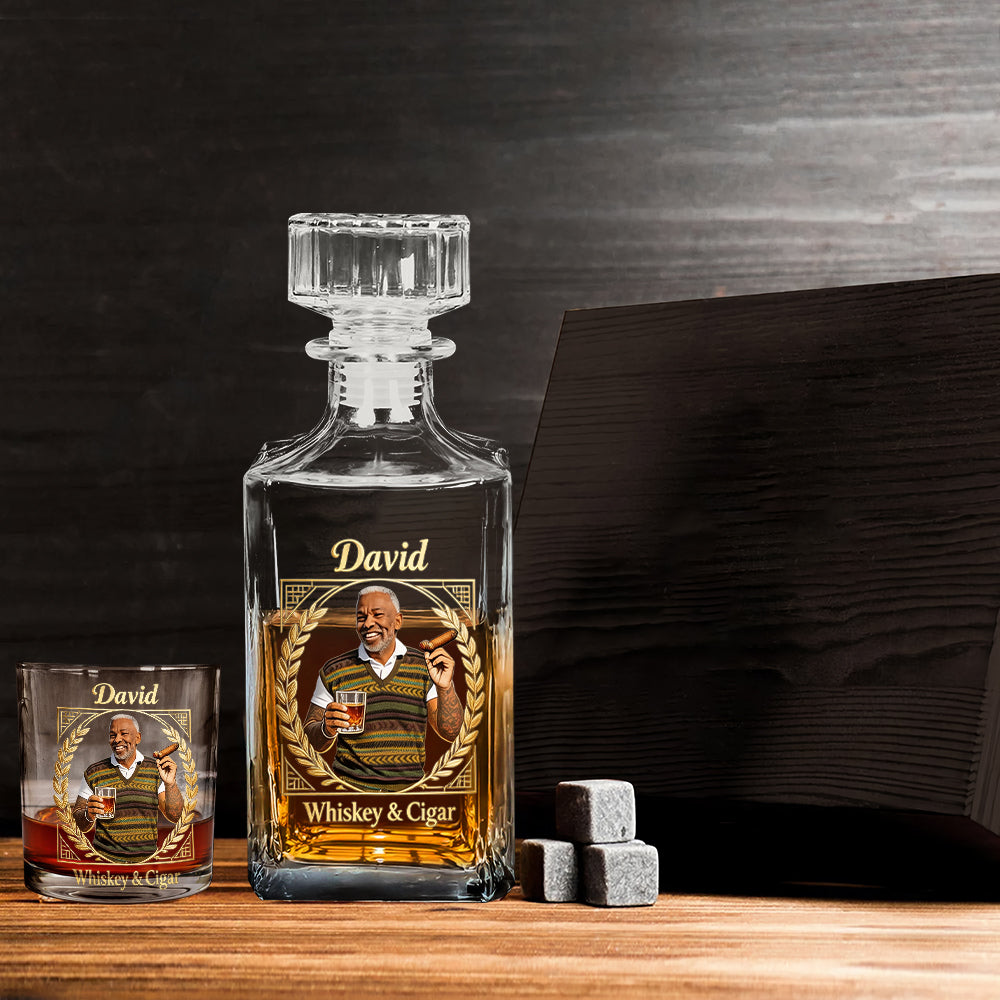 Custom Any Photo, Whiskey & Cigar - Personalized Whisky Whiskey Decanter Set