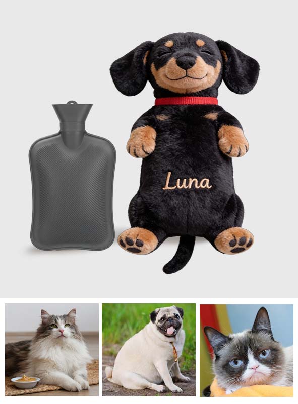 Individuell gestaltbare Wärmflasche mit Hundemotiv und Bezug – Foto nach Wunsch.