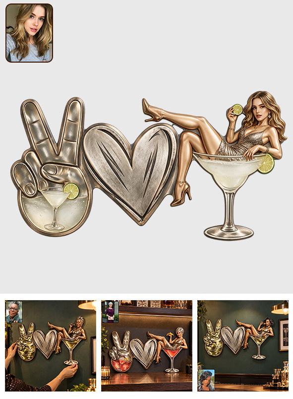 Peace Love Drink Retro - Personalized Cocktail 3D Printed Cut Metal Sign