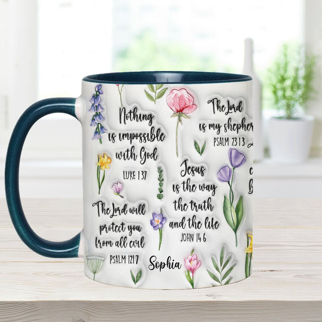 Personalisierte Tasse mit Bibelvers und Blumenmuster – christliches Design