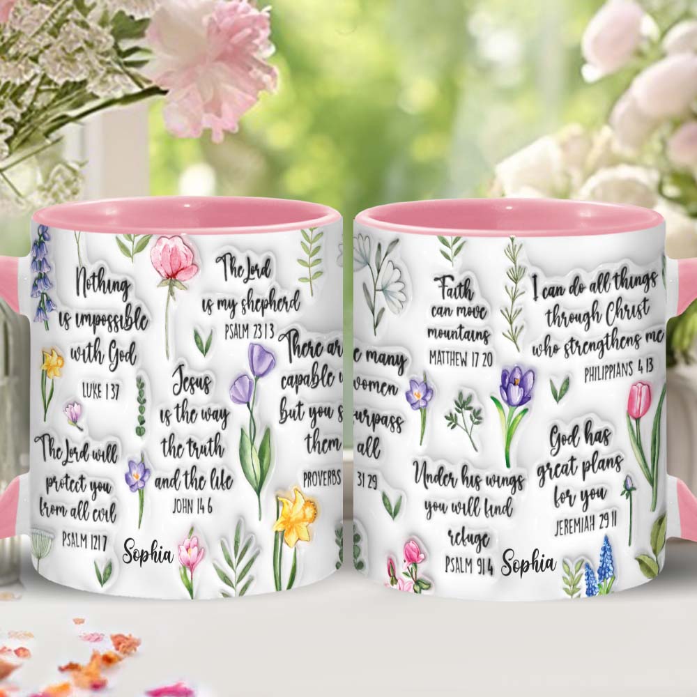 Personalisierte Tasse mit Bibelvers und Blumenmuster – christliches Design