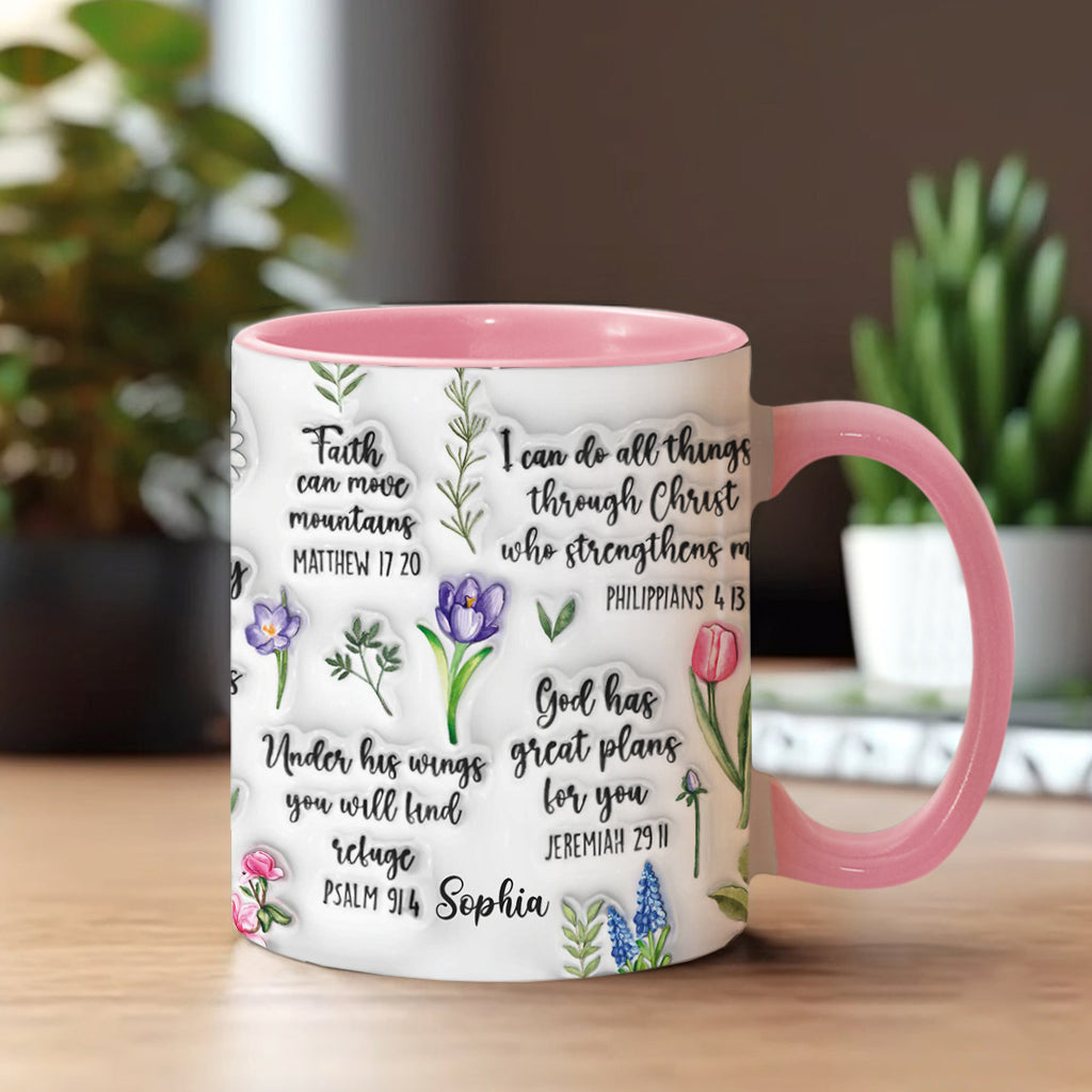 Personalisierte Tasse mit Bibelvers und Blumenmuster – christliches Design