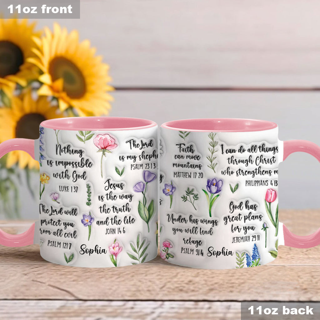Personalisierte Tasse mit Bibelvers und Blumenmuster – christliches Design