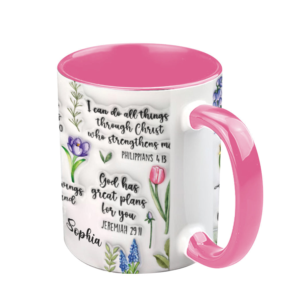 Personalisierte Tasse mit Bibelvers und Blumenmuster – christliches Design
