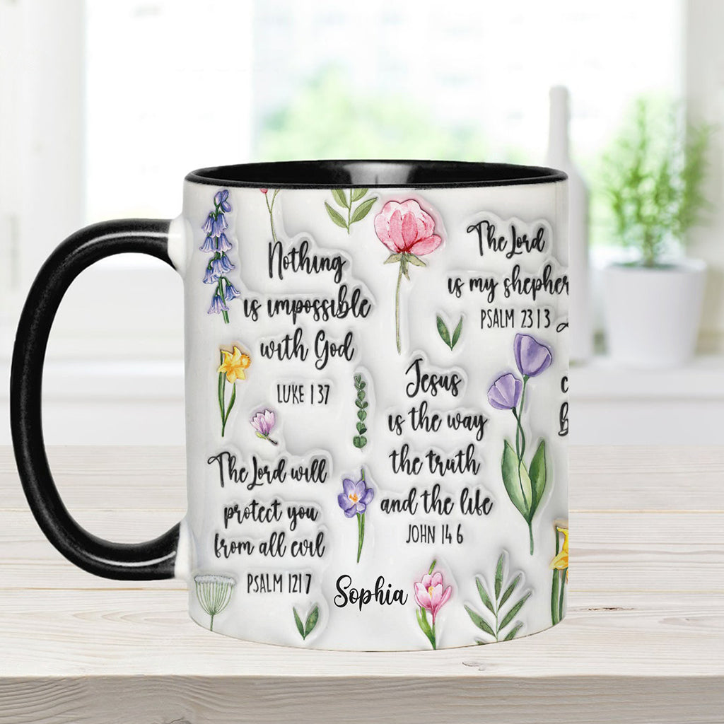 Personalisierte Tasse mit Bibelvers und Blumenmuster – christliches Design