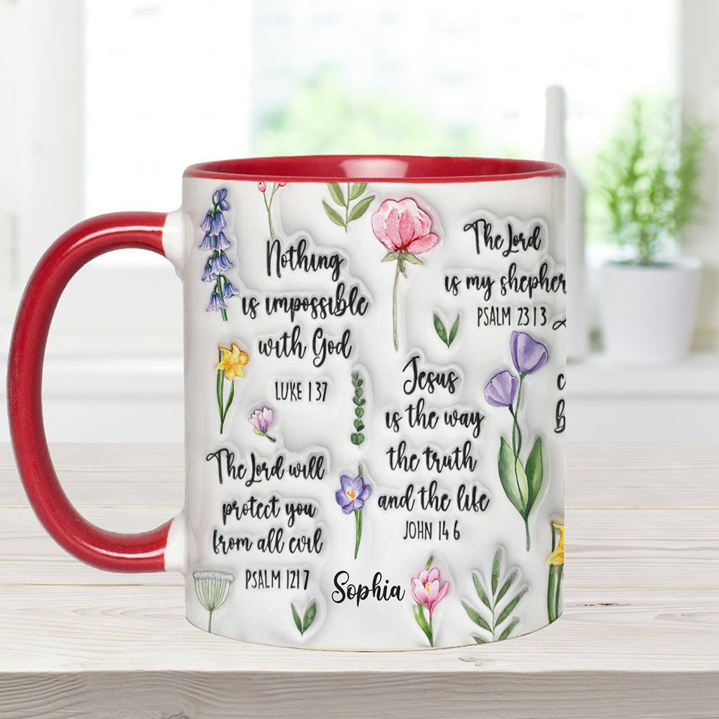 Personalisierte Tasse mit Bibelvers und Blumenmuster – christliches Design