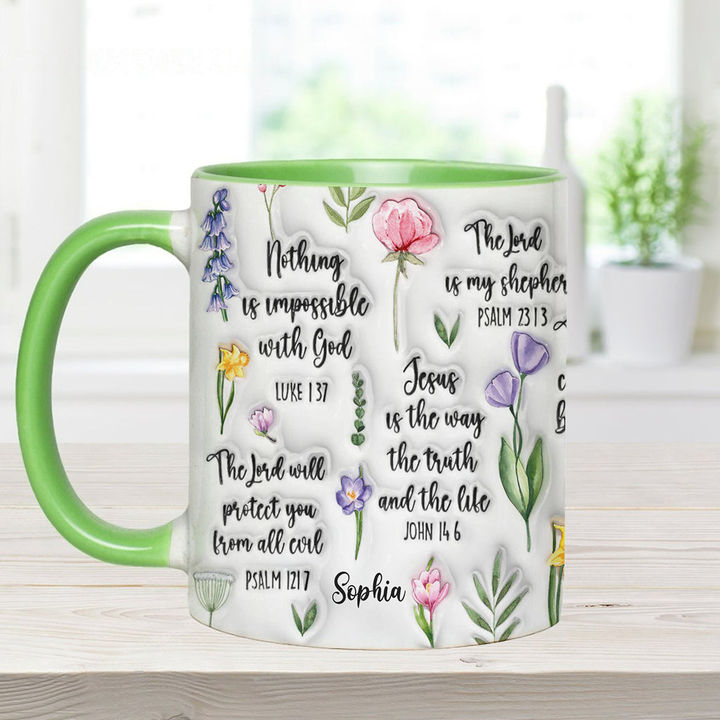 Personalisierte Tasse mit Bibelvers und Blumenmuster – christliches Design