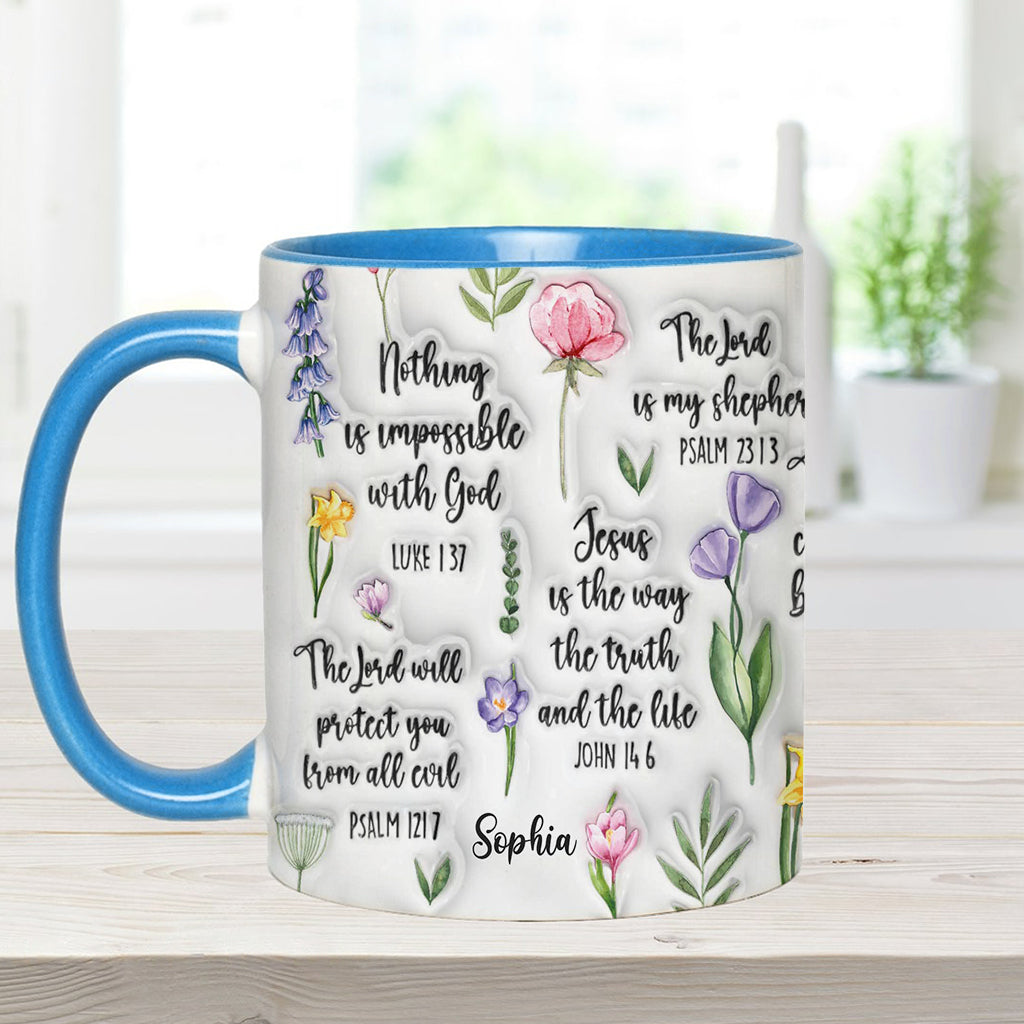 Personalisierte Tasse mit Bibelvers und Blumenmuster – christliches Design