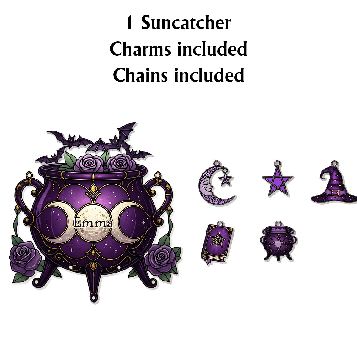 Magisches Hexenwerkzeug – Personalisierter Hexen-Fensterhänger mit Anhängern