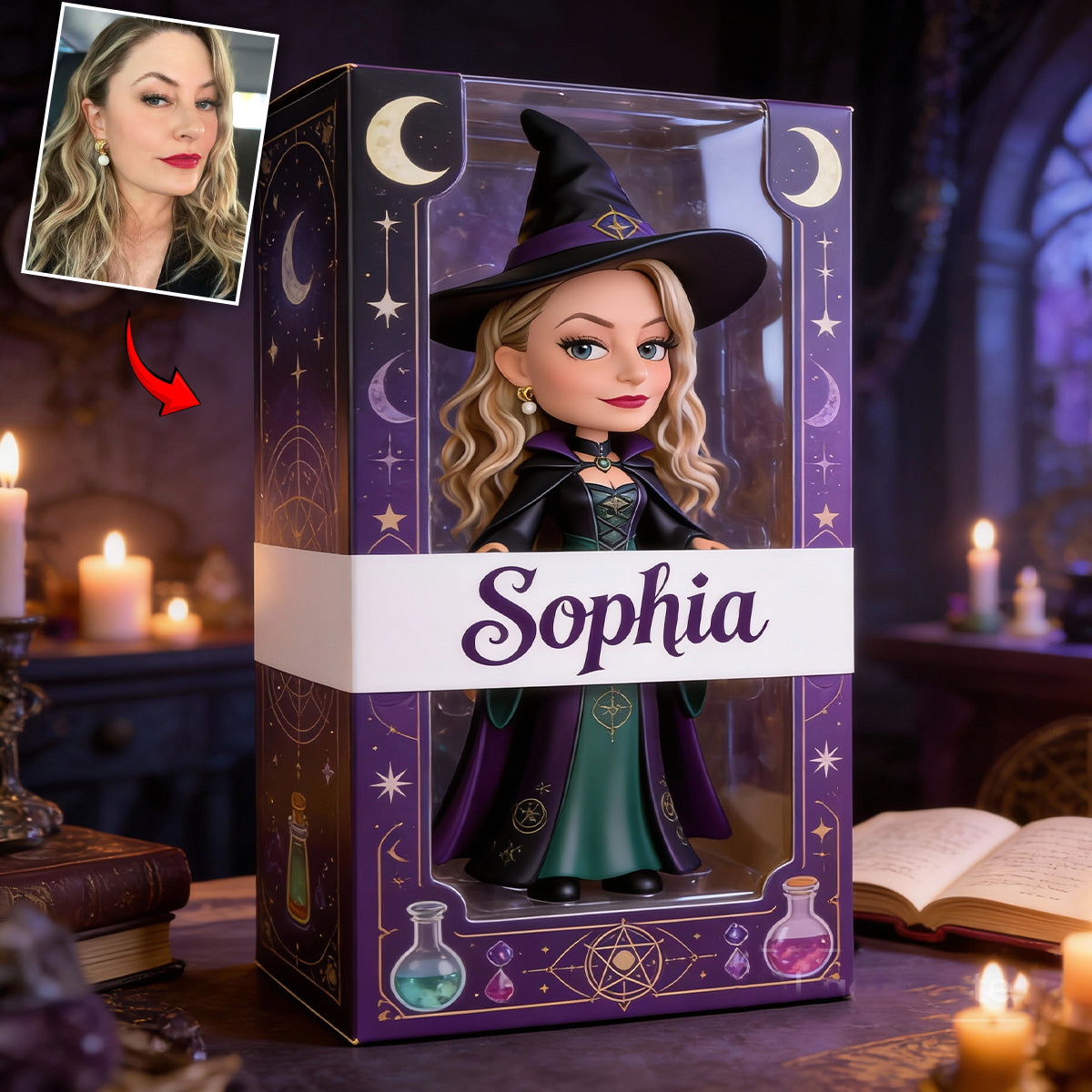 Magische Hexe – Personalisierte Acrylplakette in Hexenform