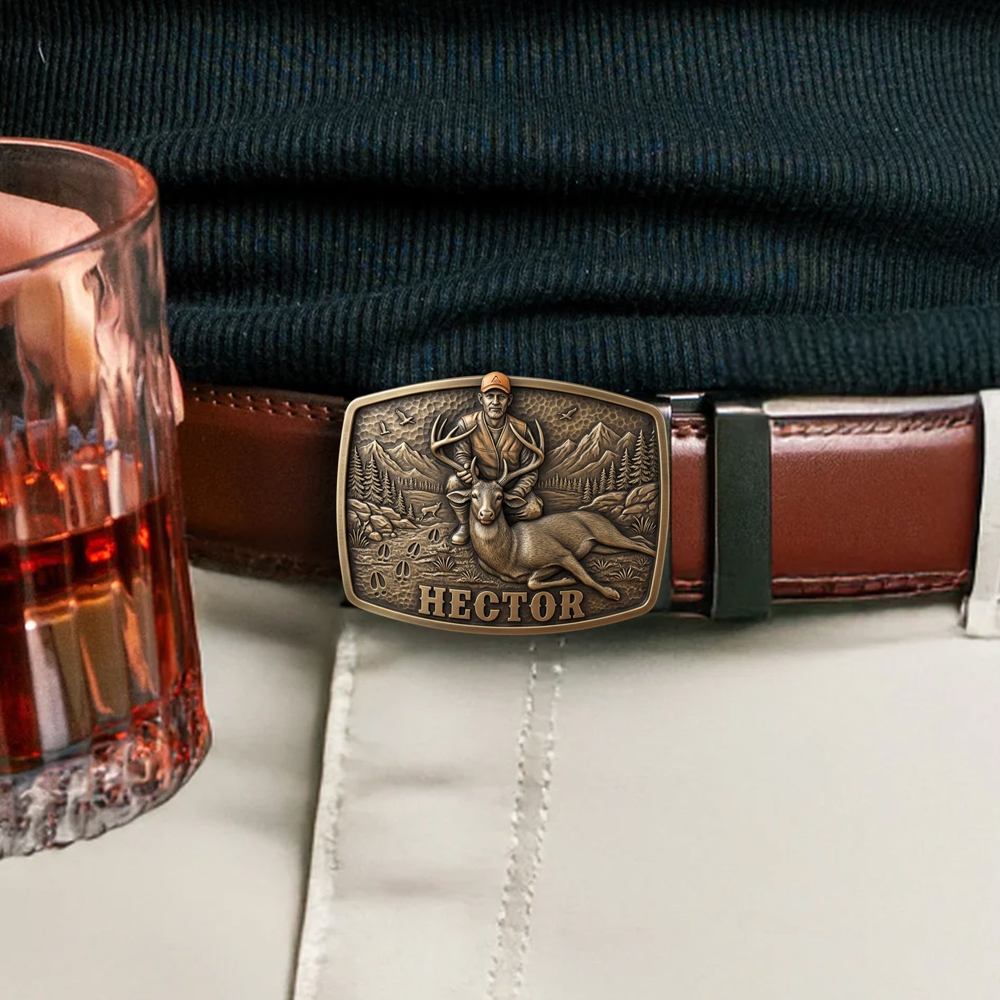 Custom Initial Name Letter Hunting Lover - Personalized Hunting Leather Belt With Shaped Buckle