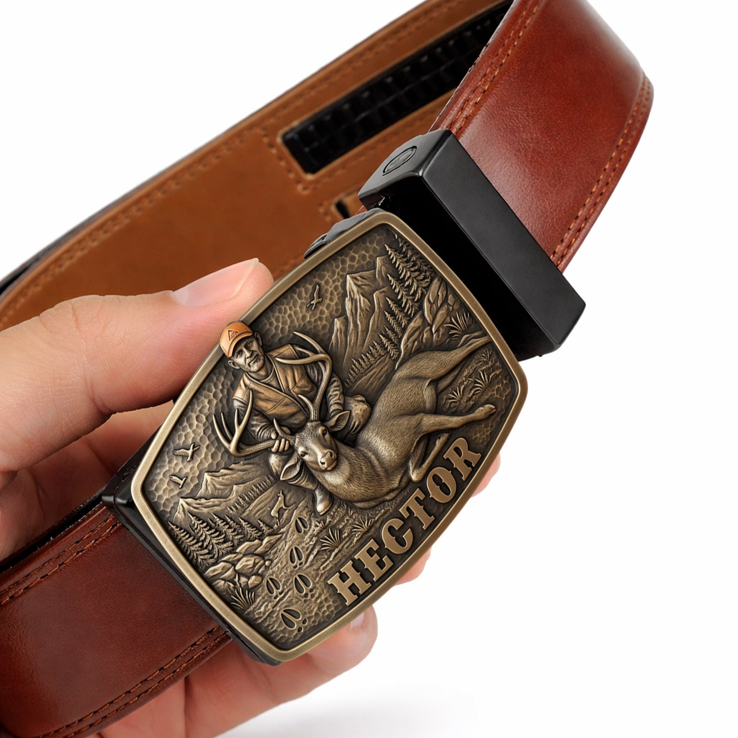 Custom Initial Name Letter Hunting Lover - Personalized Hunting Leather Belt With Shaped Buckle