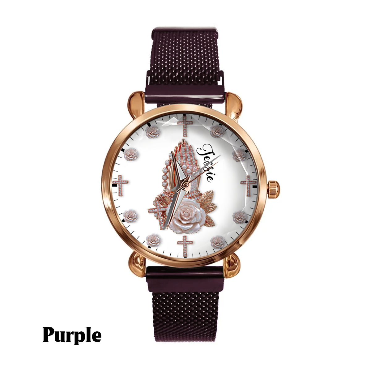 Praying Hands With Roses - Personalized Christian Women Hand Watch
