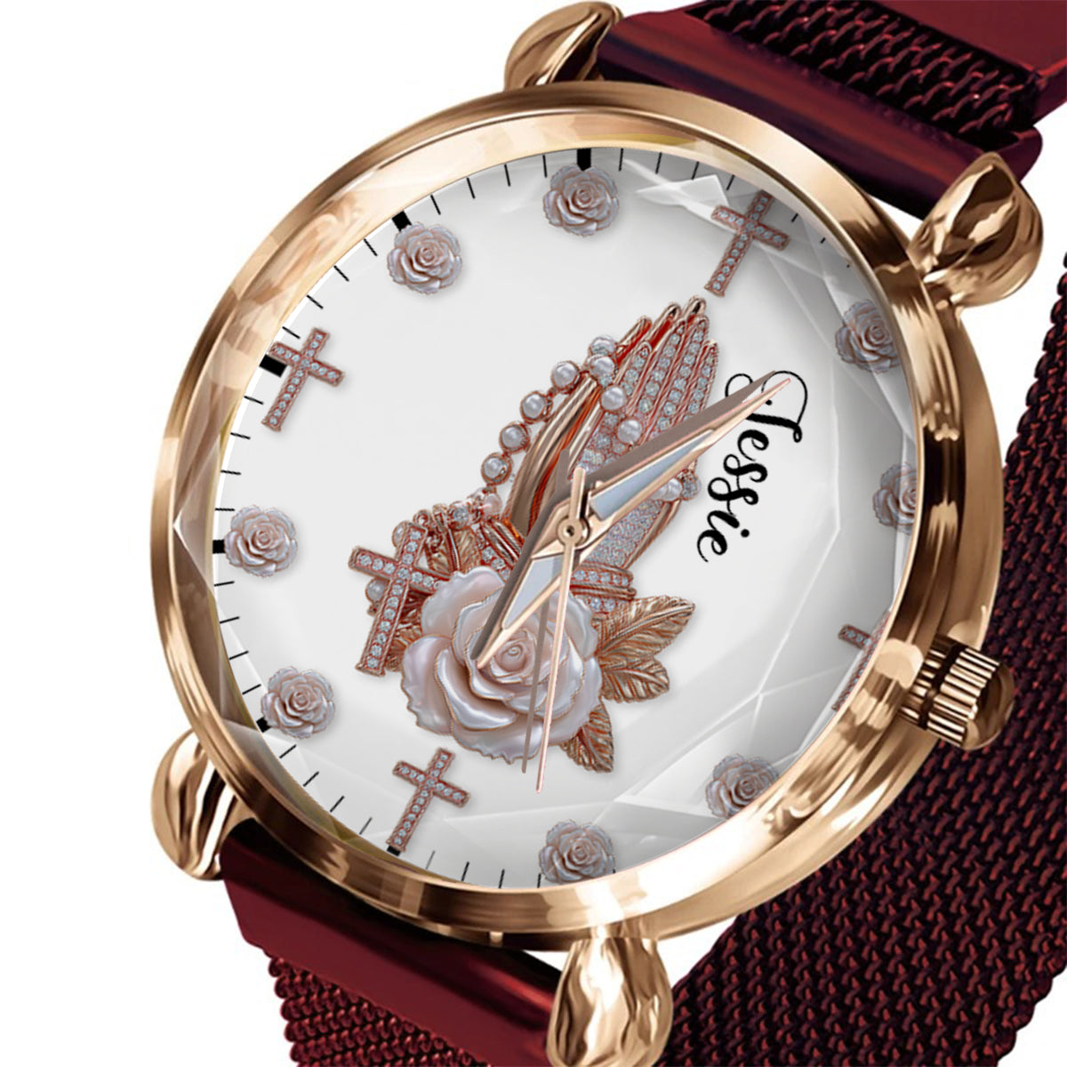 Praying Hands With Roses - Personalized Christian Women Hand Watch