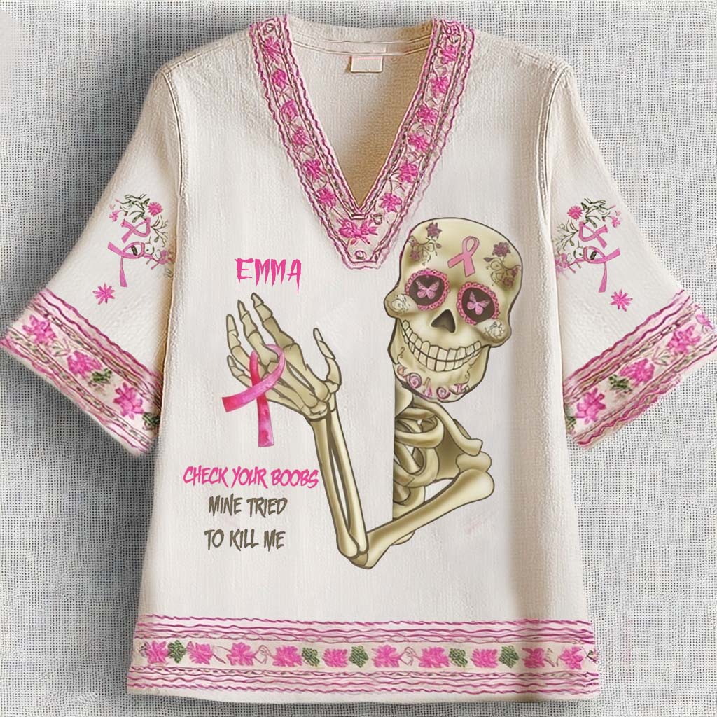 Check Your B, Mine Tried To Kill Me - Personalisiertes T-Shirt mit vollflächigem Aufdruck zur Brustkrebsvorsorge und V-Ausschnitt