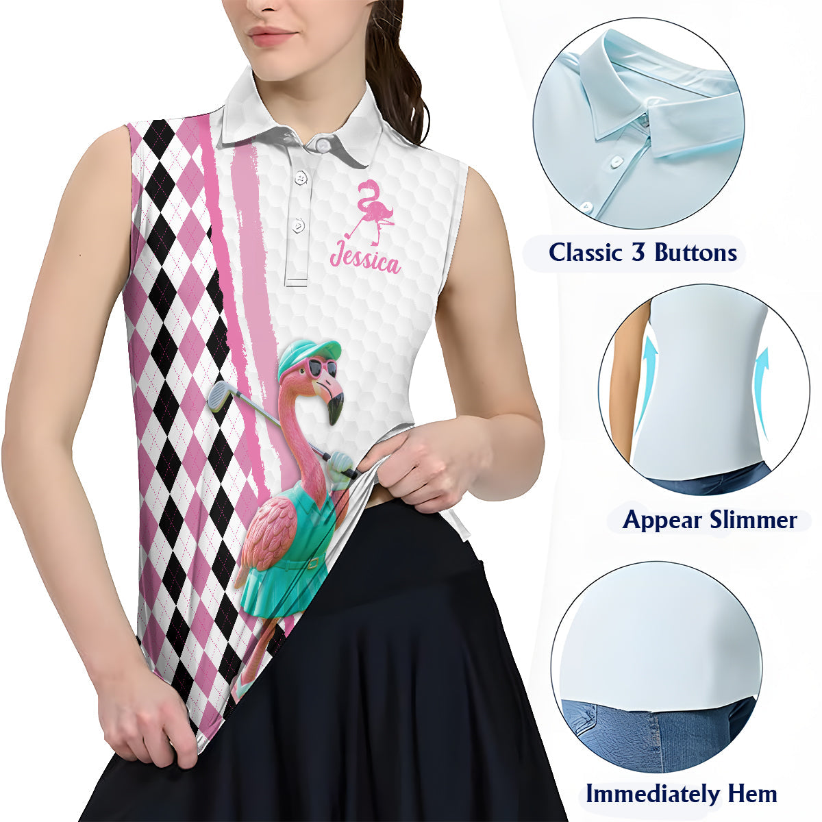 Flamingo Golf – Personalisiertes ärmelloses Golf-Poloshirt