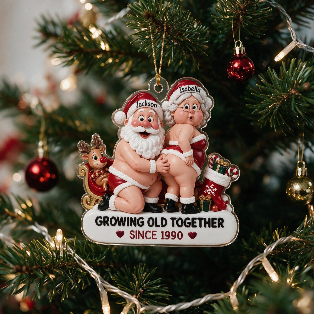 Personalized Christmas Funny Santa Mrs. Claus Couple Acrylic Ornament, Growing Old Together Gift