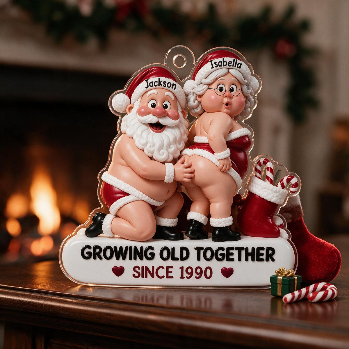 Personalized Christmas Funny Santa Mrs. Claus Couple Acrylic Ornament, Growing Old Together Gift