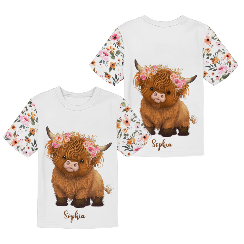 Floral Highland Cow - Personalized Highland Cow Kid T-shirt & Shorts