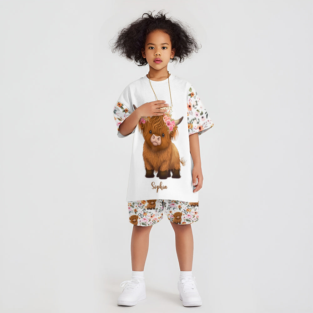 Floral Highland Cow - Personalized Highland Cow Kid T-shirt & Shorts
