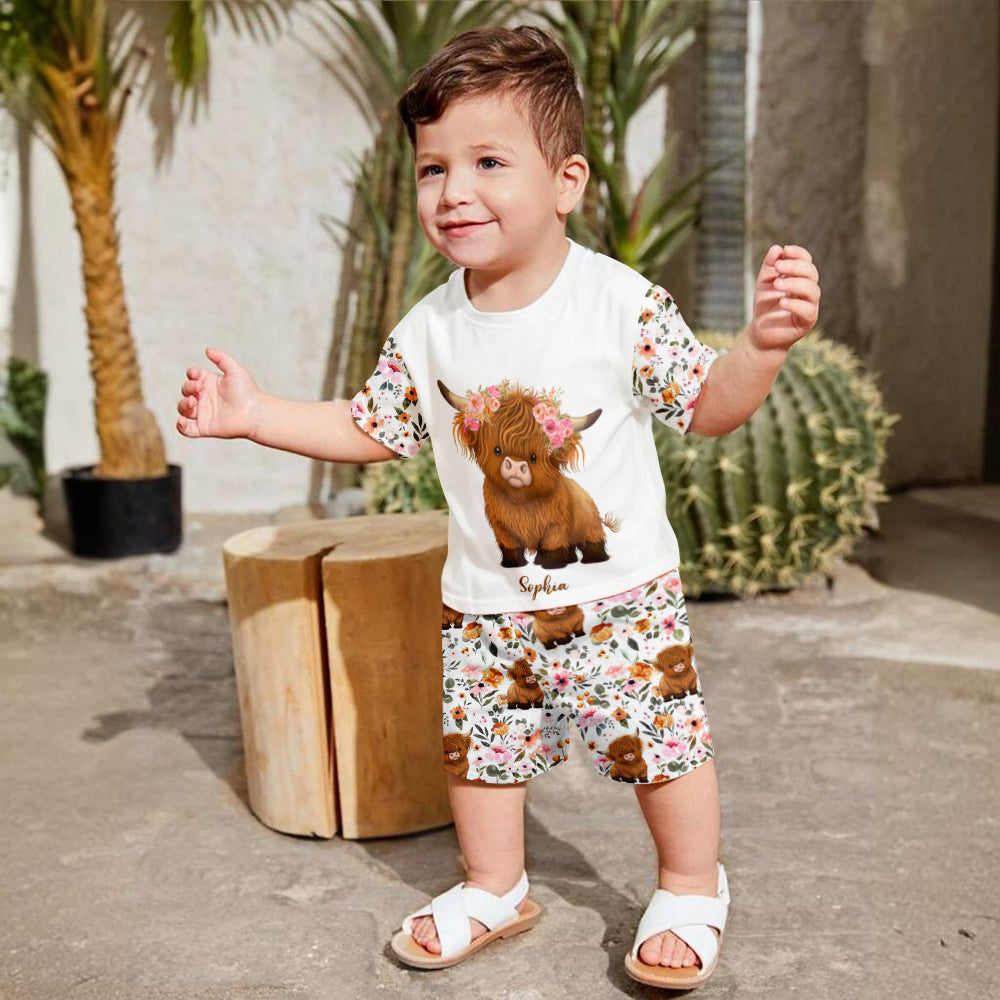 Floral Highland Cow - Personalized Highland Cow Kid T-shirt & Shorts