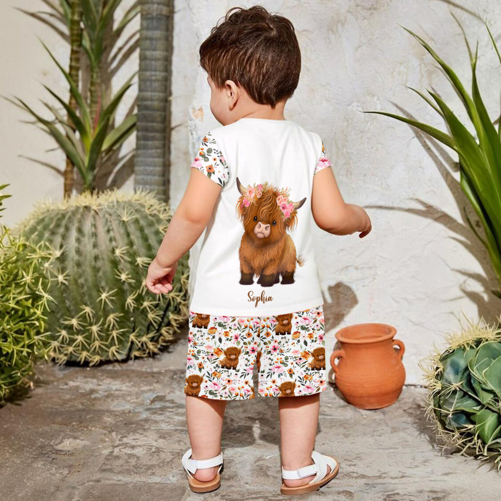 Floral Highland Cow - Personalized Highland Cow Kid T-shirt & Shorts