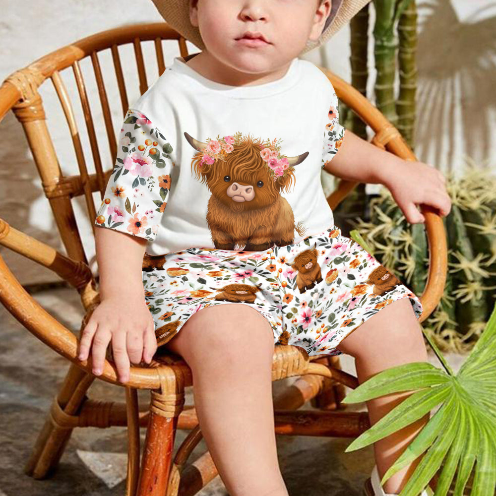 Floral Highland Cow - Personalized Highland Cow Kid T-shirt & Shorts