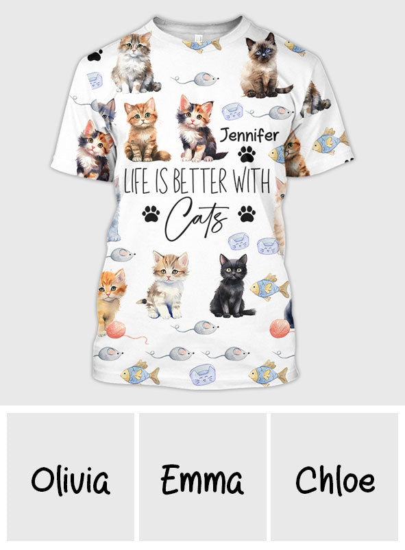 Das Leben ist schöner mit Katzen – Personalisiertes T-Shirt mit Katzenmotiv