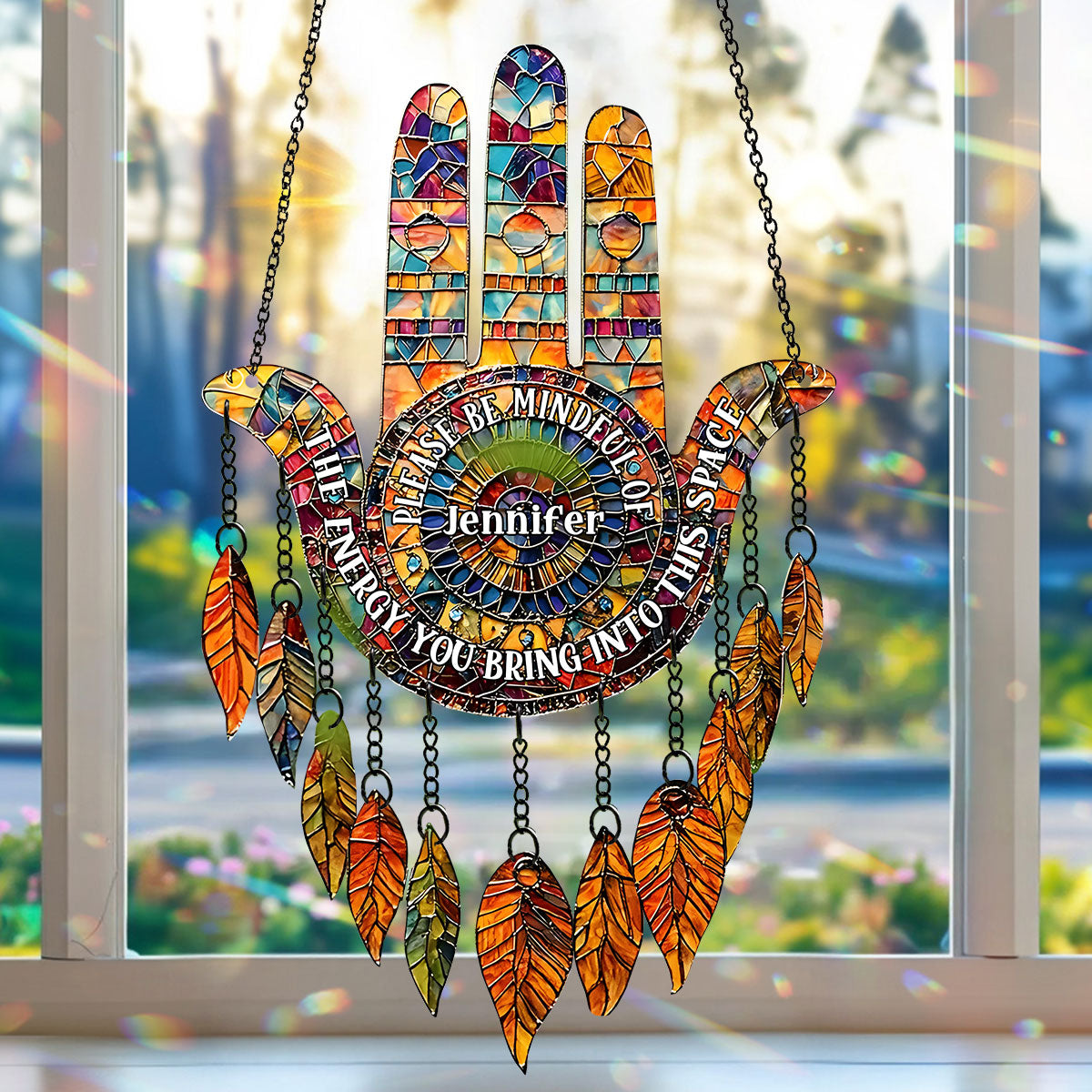 Please Be Mindful - Personalized Yoga Window Hanging Suncatcher With Charms