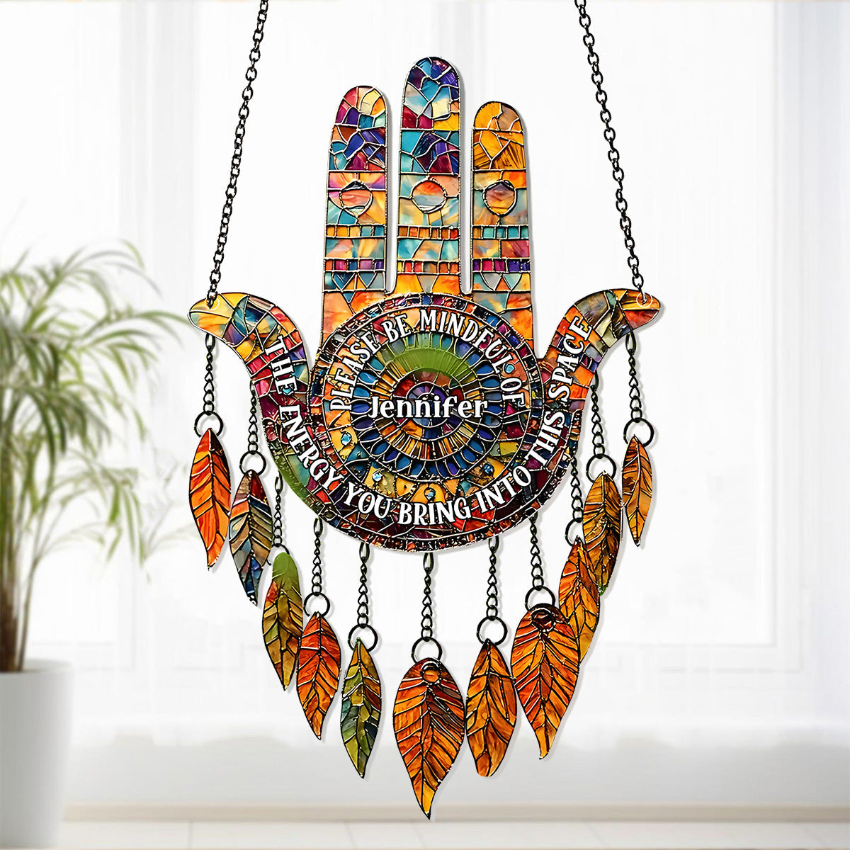 Please Be Mindful - Personalized Yoga Window Hanging Suncatcher With Charms