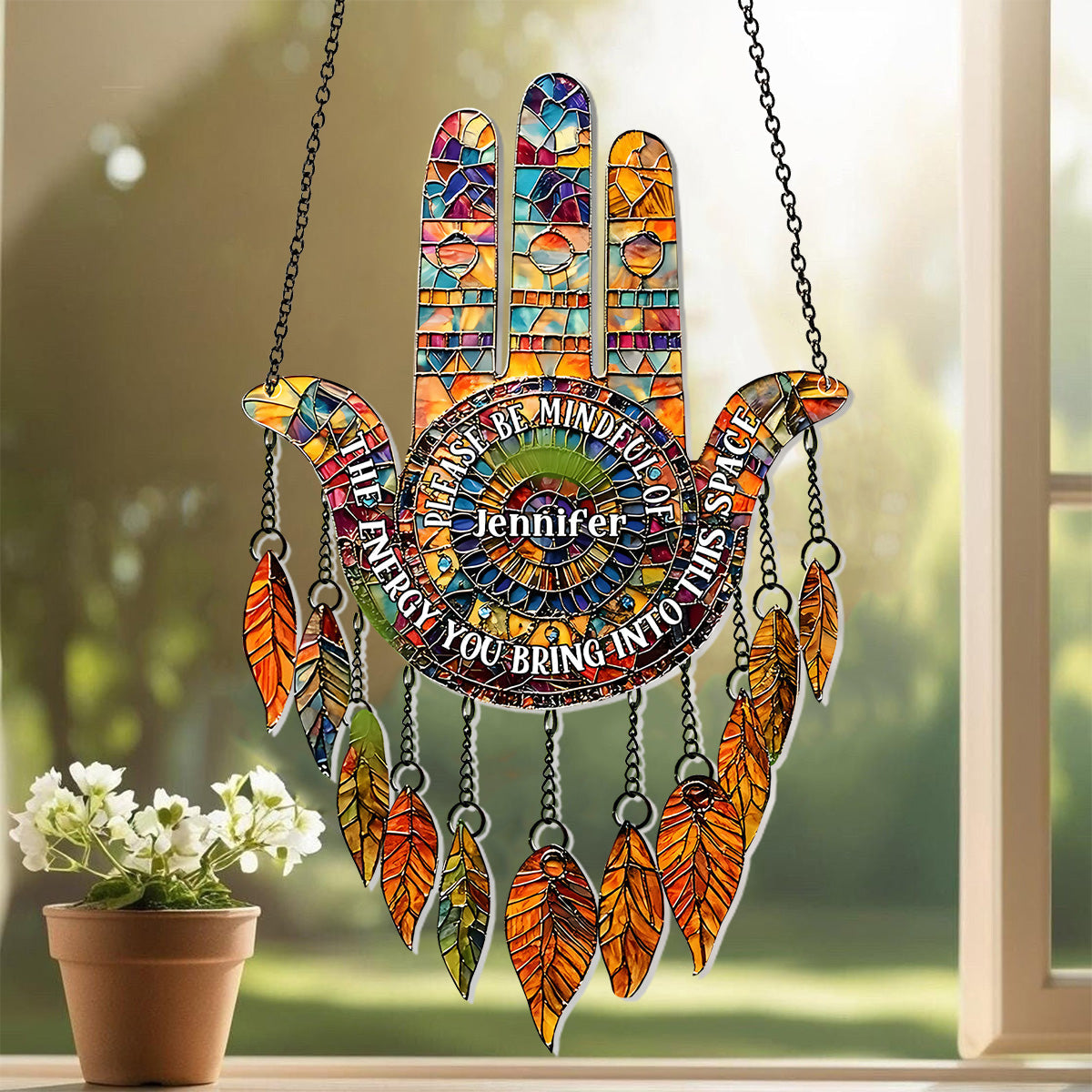 Please Be Mindful - Personalized Yoga Window Hanging Suncatcher With Charms