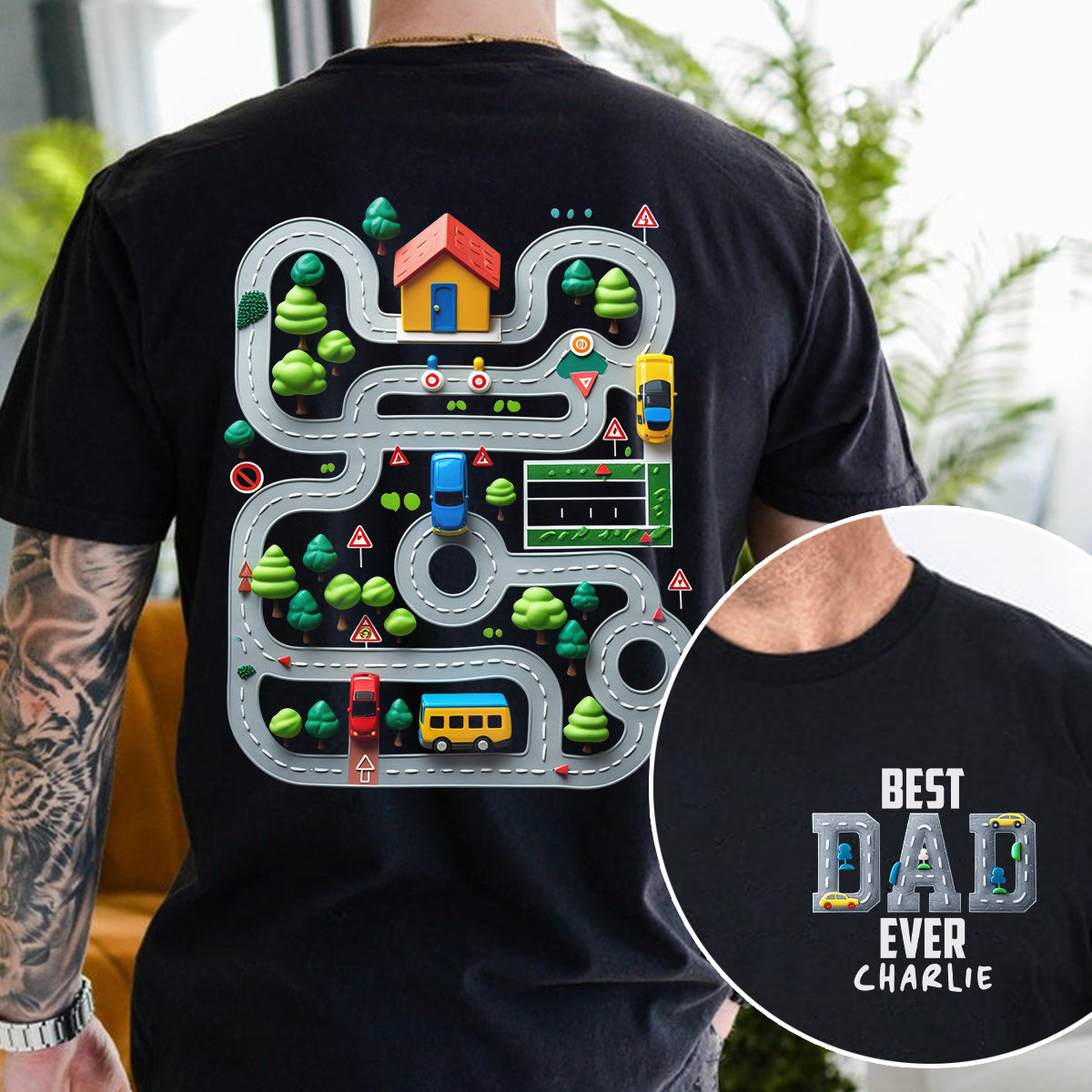 Autostraße auf Papas Rücken – Personalisiertes Vater-T-Shirt und Hoodie
