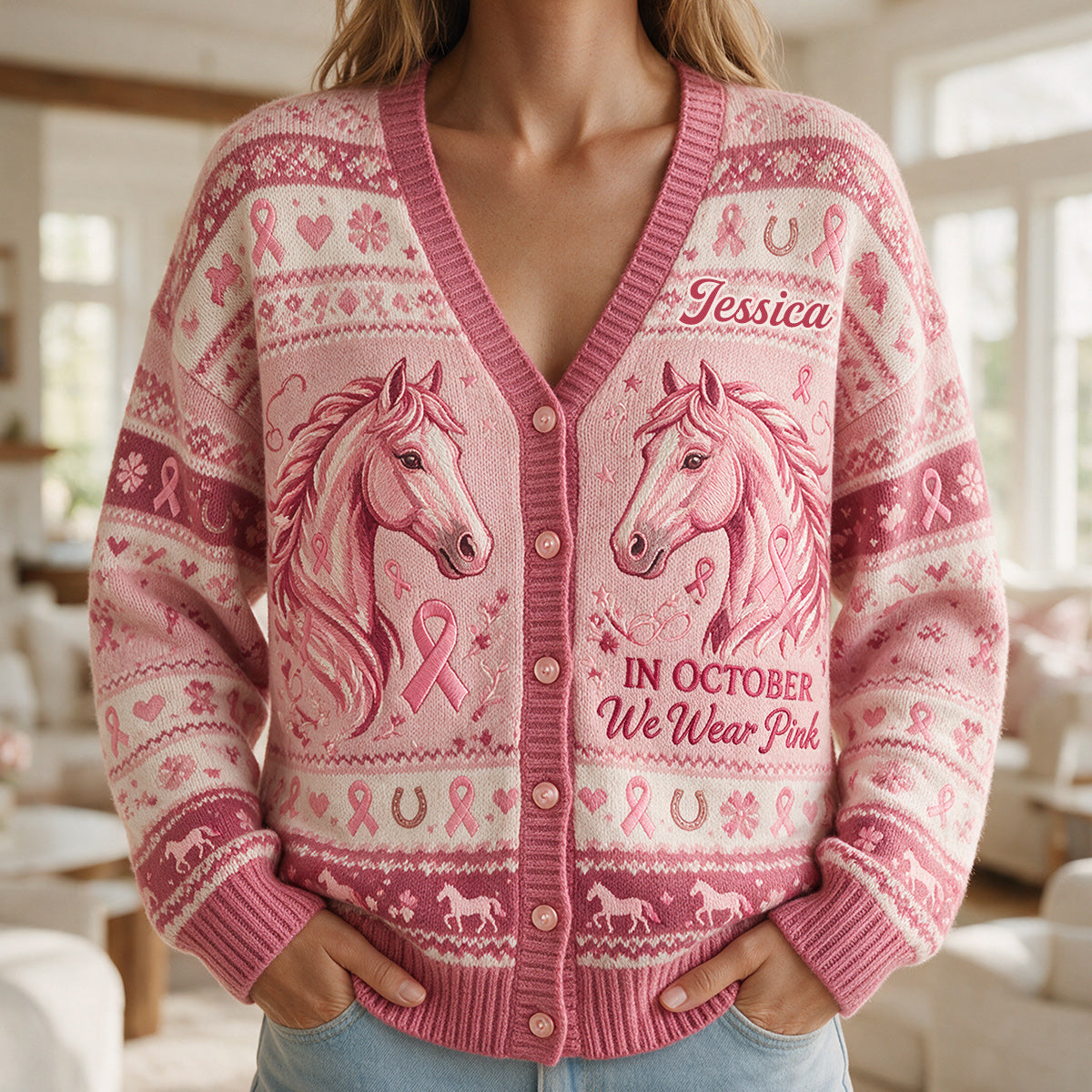 Im Oktober tragen wir Pink - Personalisierter Cardigan für Brustkrebsbewusstsein
