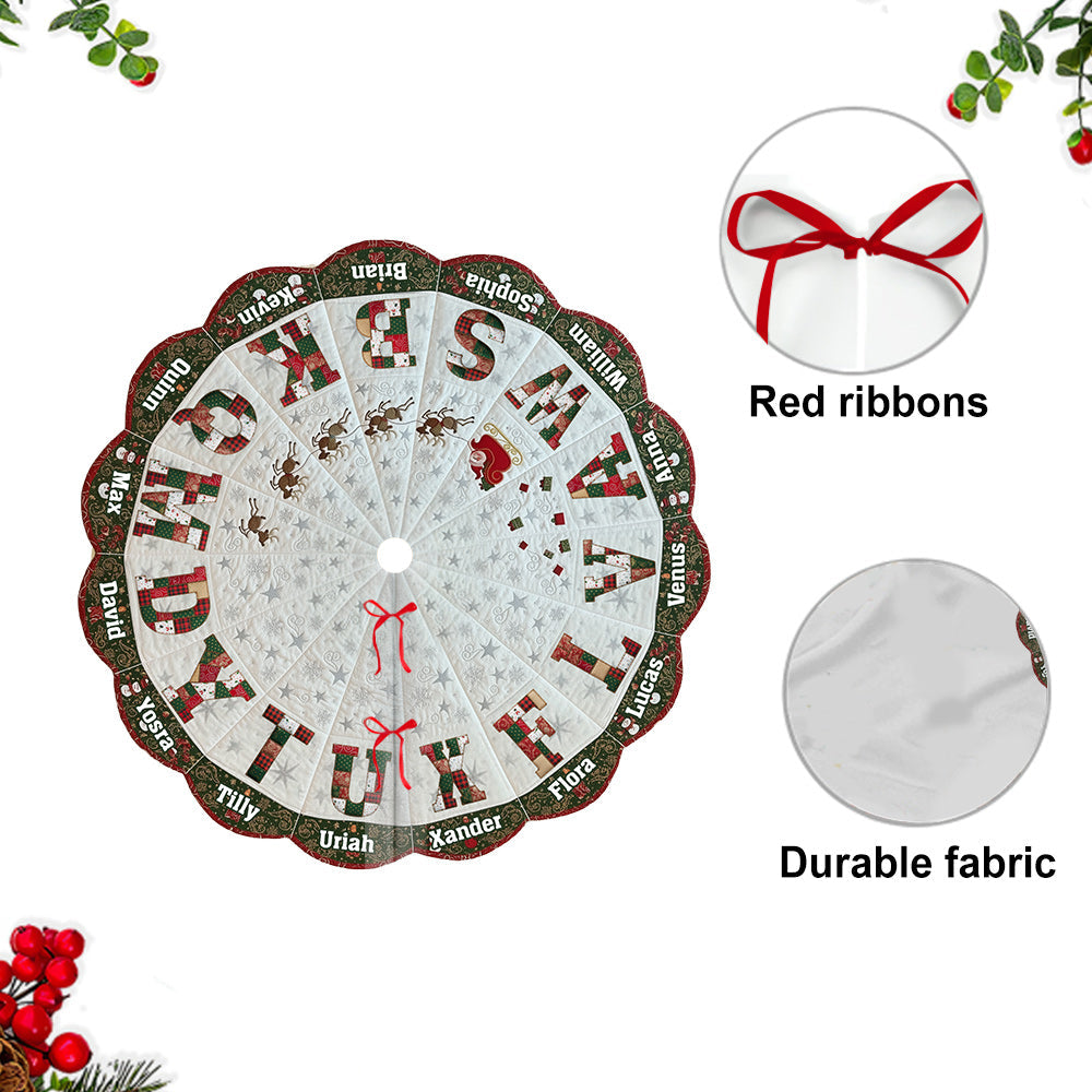 Personalisierte Weihnachtsbaumdecke, Aufnäher mit Familieninitialen – Personalisierte Weihnachtsbaumdecke in Familienform