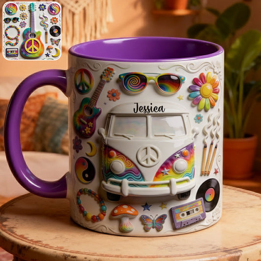 Liebe, Hoffnung, Frieden – Personalisierte Tasse und Untersetzer im Hippie-Stil