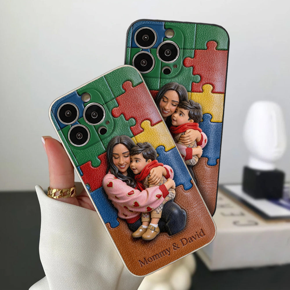 Autism Mom - Personalized Autism Awareness 3D Embossed Leather Phone Case