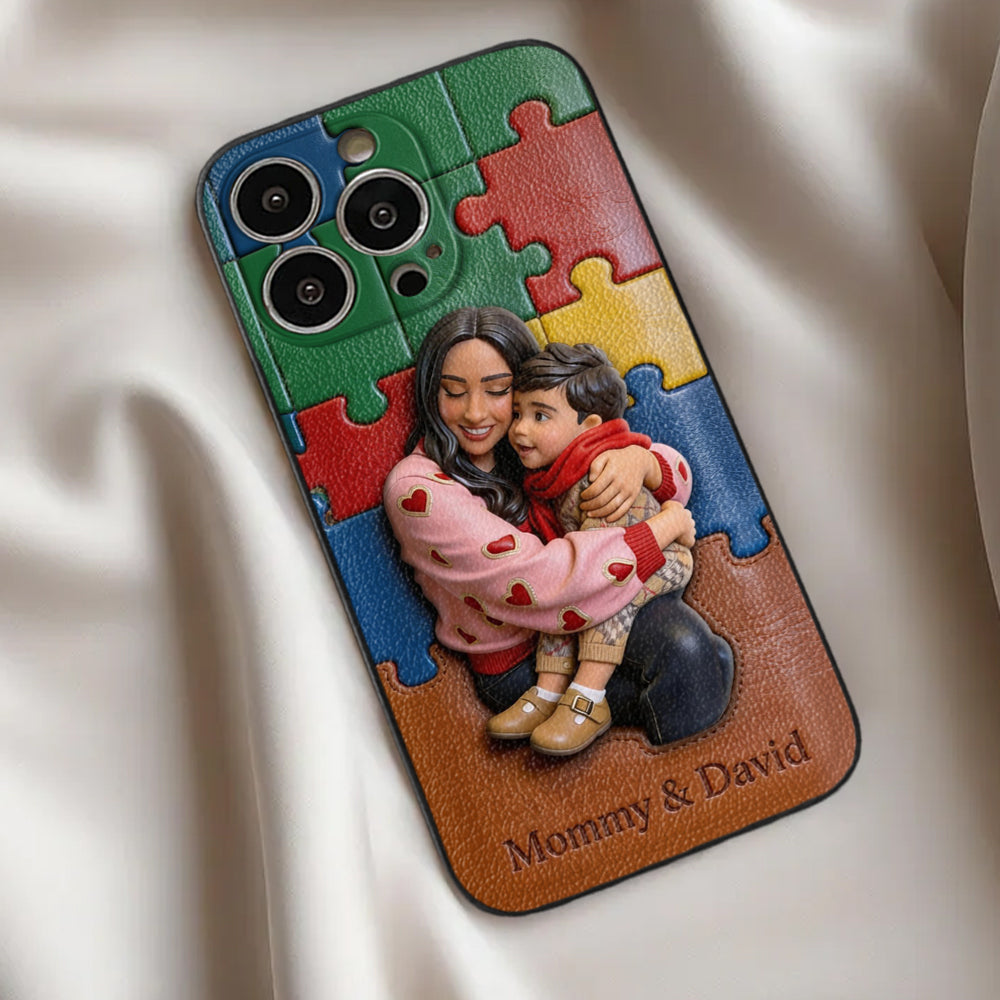 Autism Mom - Personalized Autism Awareness 3D Embossed Leather Phone Case